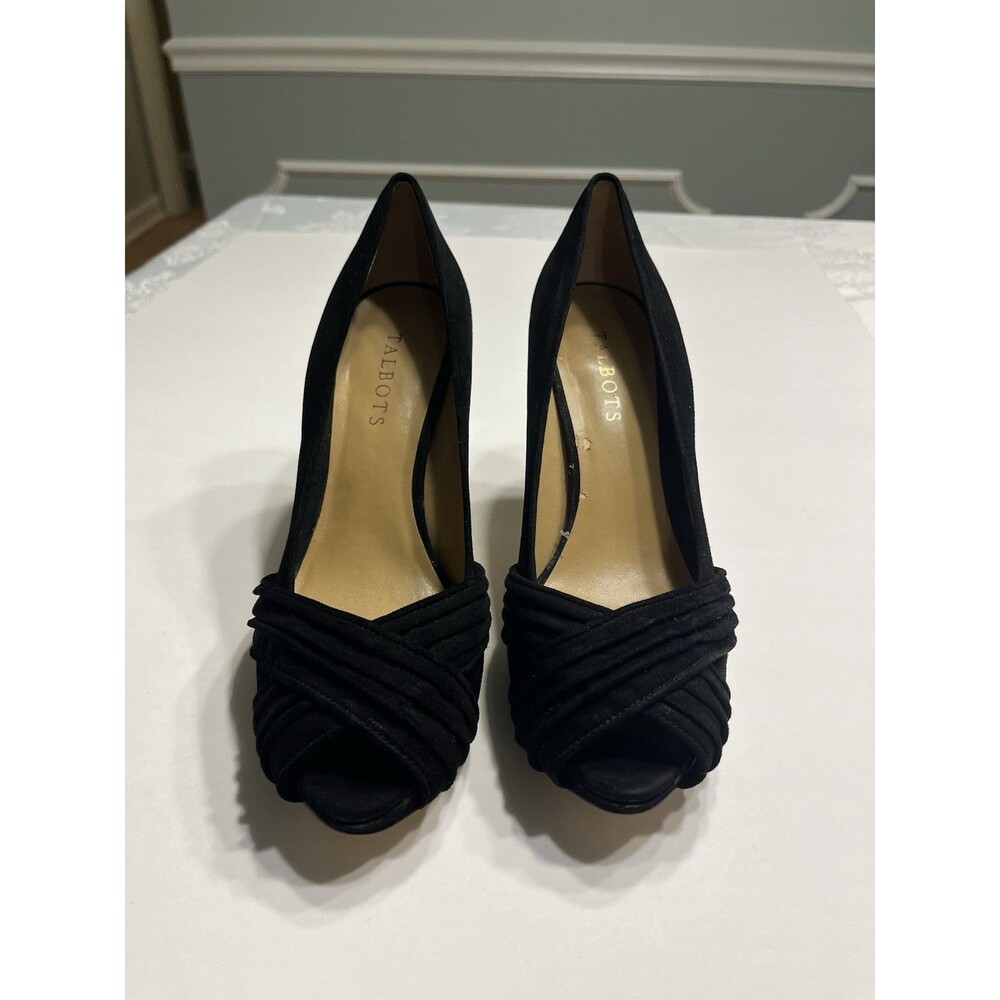 Talbots Black Suede Leather Open Toe Stiletto Heels Sz 8.5M